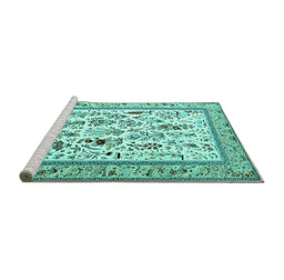 Sideview of Machine Washable Persian Turquoise Traditional Area Rugs, wshtr4594turq