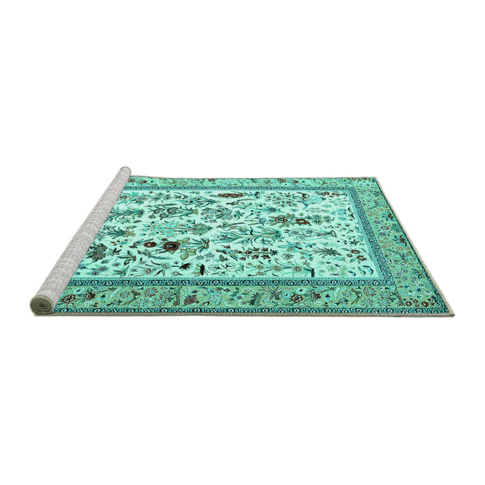 Sideview of Machine Washable Persian Turquoise Traditional Area Rugs, wshtr4594turq