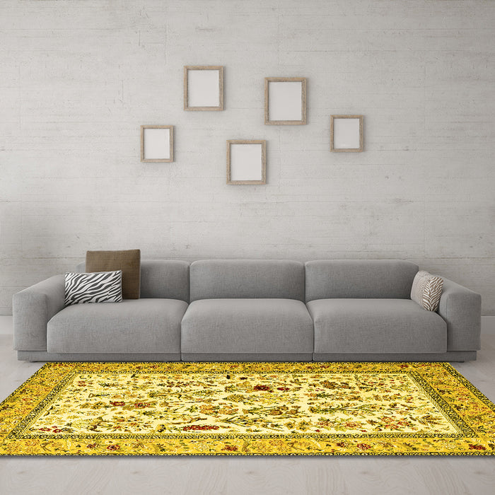 Machine Washable Persian Yellow Traditional Rug in a Living Room, wshtr4594yw