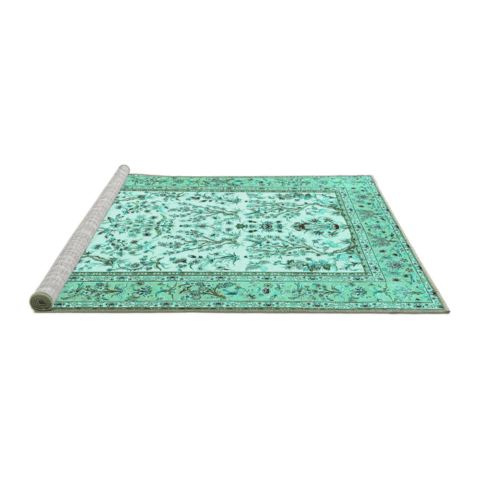 Sideview of Machine Washable Persian Turquoise Traditional Area Rugs, wshtr4595turq