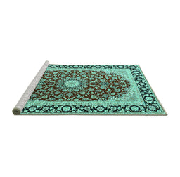 Sideview of Machine Washable Persian Turquoise Traditional Area Rugs, wshtr4596turq