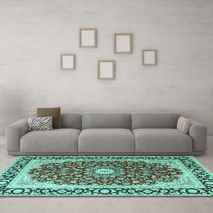 Machine Washable Persian Turquoise Traditional Area Rugs in a Living Room,, wshtr4596turq