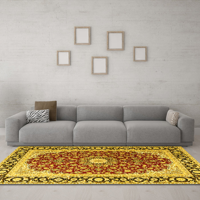 Machine Washable Persian Yellow Traditional Rug in a Living Room, wshtr4596yw