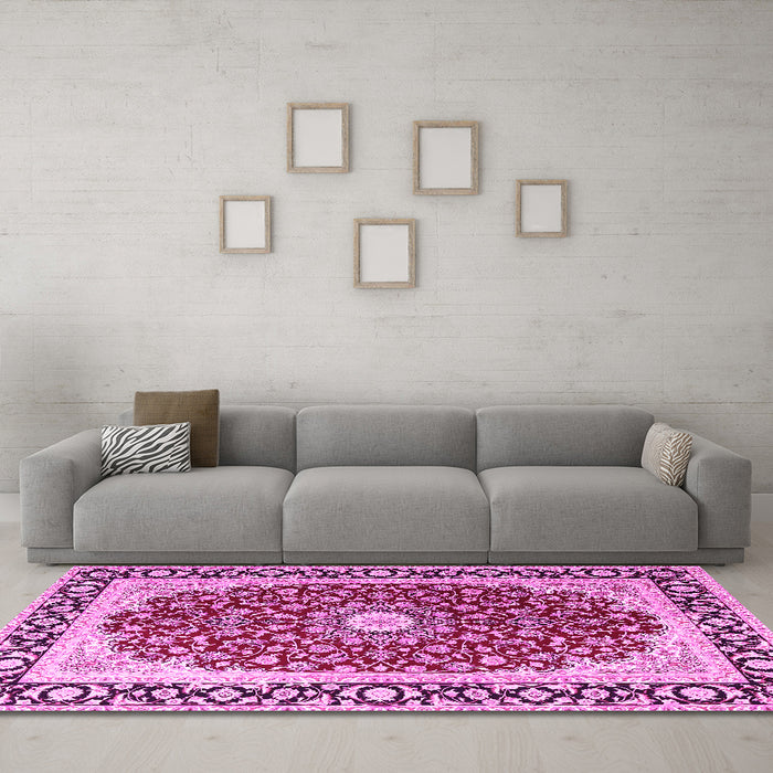 Machine Washable Persian Pink Traditional Rug in a Living Room, wshtr4596pnk