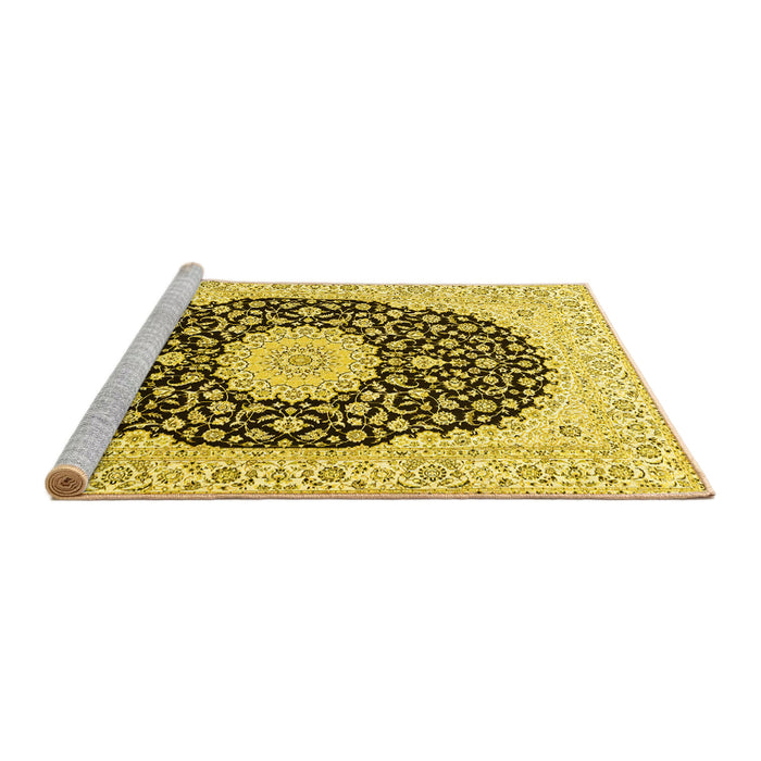 Sideview of Machine Washable Medallion Yellow Traditional Rug, wshtr4597yw