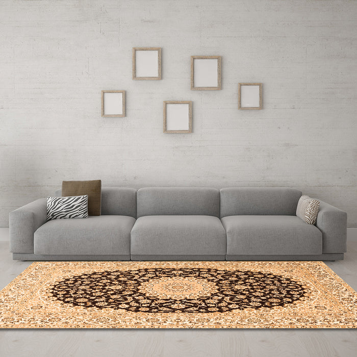 Machine Washable Medallion Orange Traditional Area Rugs in a Living Room, wshtr4597org