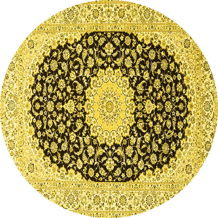 Round Machine Washable Medallion Yellow Traditional Rug, wshtr4597yw