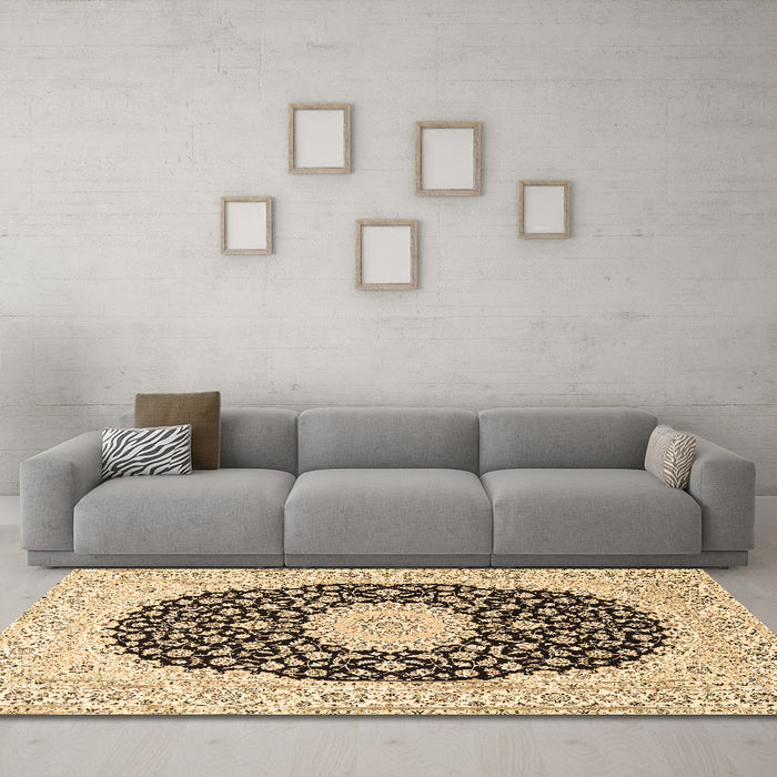 Machine Washable Medallion Brown Traditional Rug in a Living Room,, wshtr4597brn