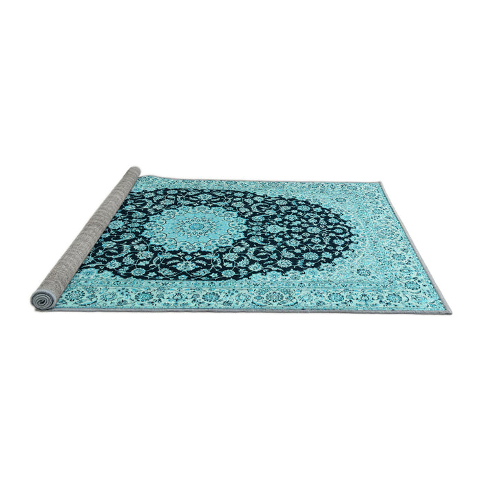 Sideview of Machine Washable Medallion Light Blue Traditional Rug, wshtr4597lblu