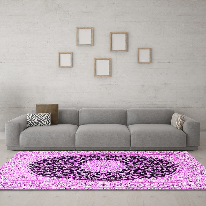 Machine Washable Medallion Pink Traditional Rug in a Living Room, wshtr4597pnk