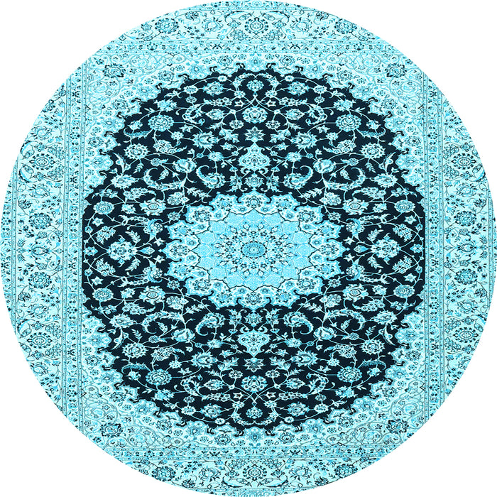 Round Machine Washable Medallion Light Blue Traditional Rug, wshtr4597lblu