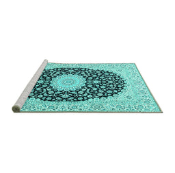 Sideview of Machine Washable Medallion Turquoise Traditional Area Rugs, wshtr4597turq