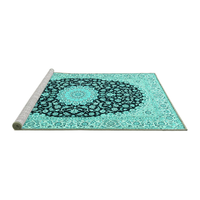 Sideview of Machine Washable Medallion Turquoise Traditional Area Rugs, wshtr4597turq