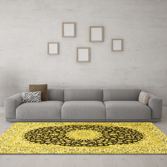 Machine Washable Medallion Yellow Traditional Rug in a Living Room, wshtr4597yw