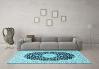 Machine Washable Medallion Light Blue Traditional Rug, wshtr4597lblu