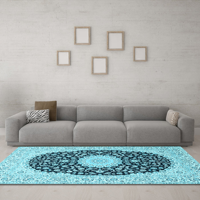 Machine Washable Medallion Light Blue Traditional Rug in a Living Room, wshtr4597lblu