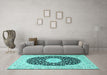 Machine Washable Medallion Turquoise Traditional Area Rugs in a Living Room,, wshtr4597turq