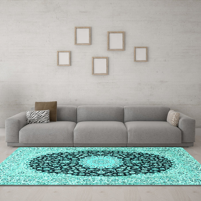 Machine Washable Medallion Turquoise Traditional Area Rugs in a Living Room,, wshtr4597turq