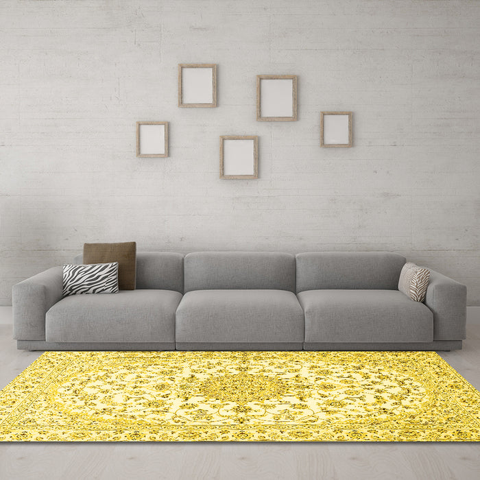 Machine Washable Medallion Yellow Traditional Rug in a Living Room, wshtr4598yw