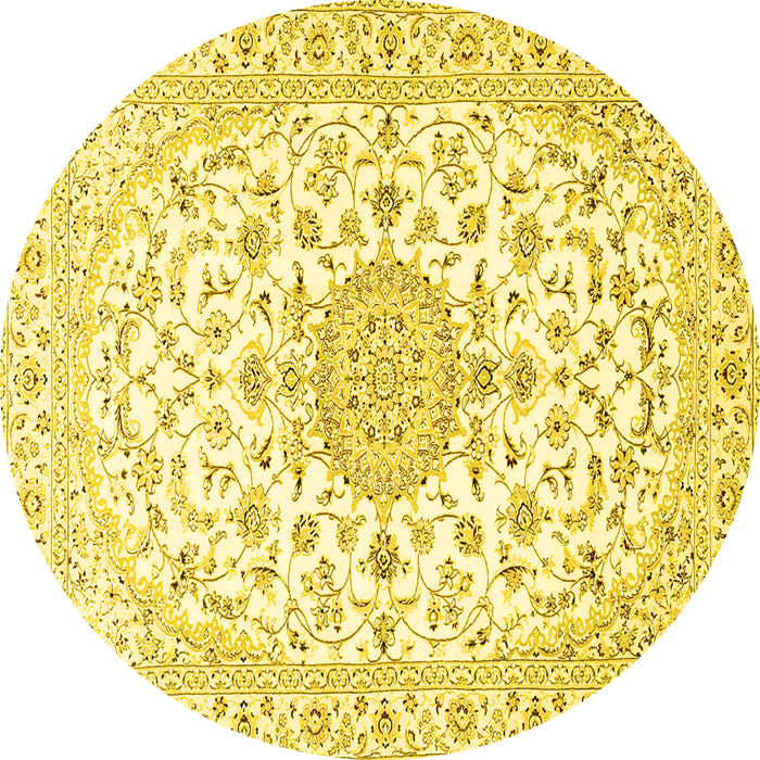 Round Machine Washable Medallion Yellow Traditional Rug, wshtr4598yw