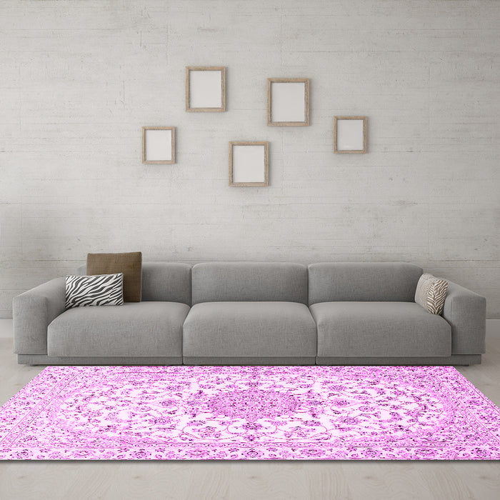 Machine Washable Medallion Pink Traditional Rug in a Living Room, wshtr4598pnk