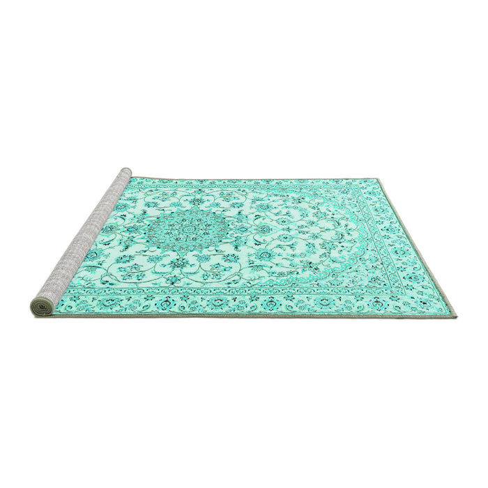 Sideview of Machine Washable Medallion Turquoise Traditional Area Rugs, wshtr4598turq