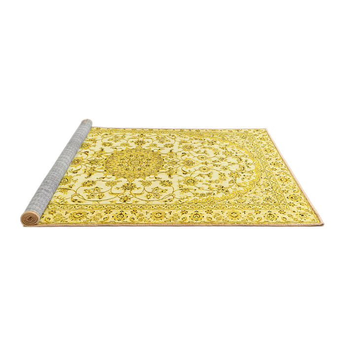 Sideview of Machine Washable Medallion Yellow Traditional Rug, wshtr4598yw