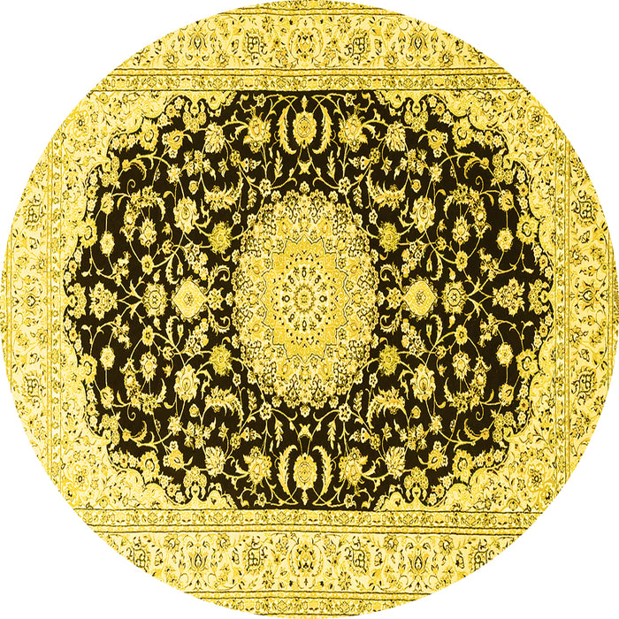 Round Machine Washable Medallion Yellow Traditional Rug, wshtr4599yw