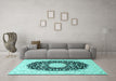 Machine Washable Medallion Turquoise Traditional Area Rugs in a Living Room,, wshtr4599turq