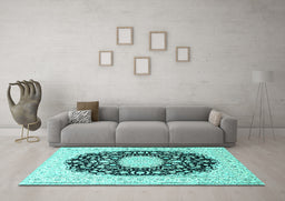 Machine Washable Medallion Turquoise Traditional Area Rugs in a Living Room,, wshtr4599turq