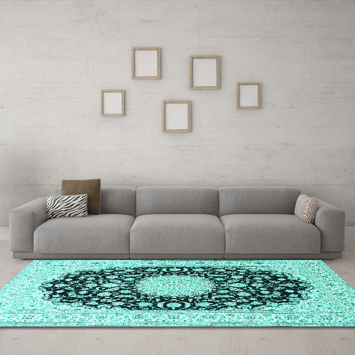 Machine Washable Medallion Turquoise Traditional Area Rugs in a Living Room,, wshtr4599turq