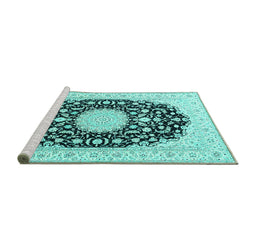 Sideview of Machine Washable Medallion Turquoise Traditional Area Rugs, wshtr4599turq