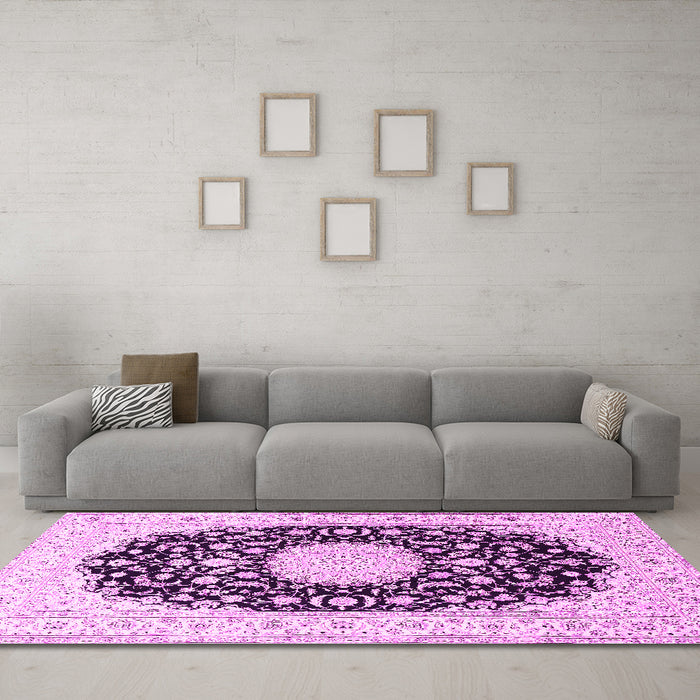Machine Washable Medallion Pink Traditional Rug in a Living Room, wshtr4599pnk