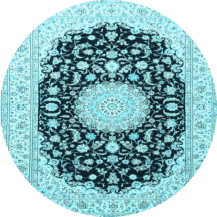 Round Machine Washable Medallion Light Blue Traditional Rug, wshtr4599lblu