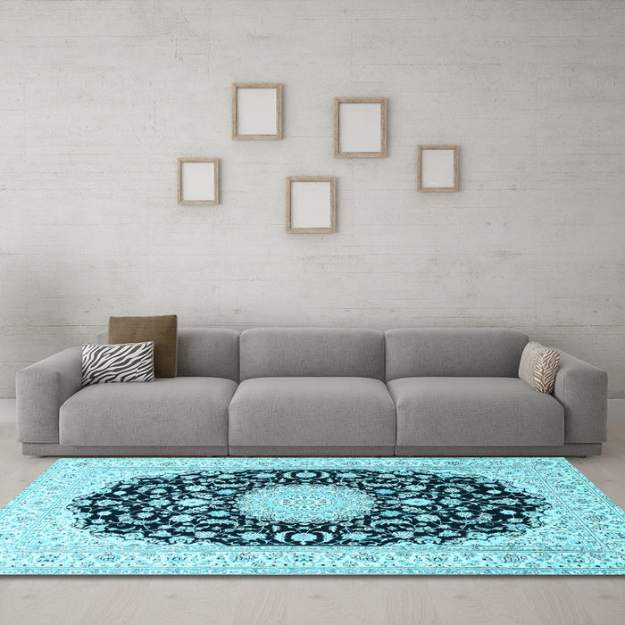 Machine Washable Medallion Light Blue Traditional Rug in a Living Room, wshtr4599lblu