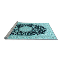 Sideview of Machine Washable Medallion Light Blue Traditional Rug, wshtr4599lblu
