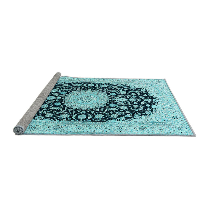 Sideview of Machine Washable Medallion Light Blue Traditional Rug, wshtr4599lblu