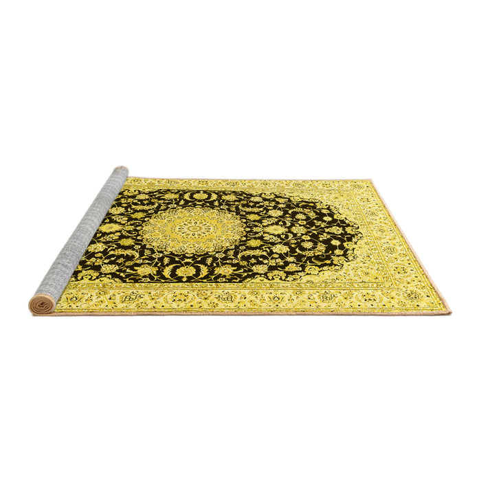 Sideview of Machine Washable Medallion Yellow Traditional Rug, wshtr4599yw