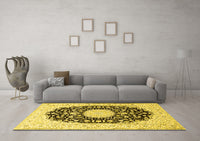 Machine Washable Medallion Yellow Traditional Rug, wshtr4599yw