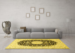Machine Washable Medallion Yellow Traditional Rug in a Living Room, wshtr4599yw