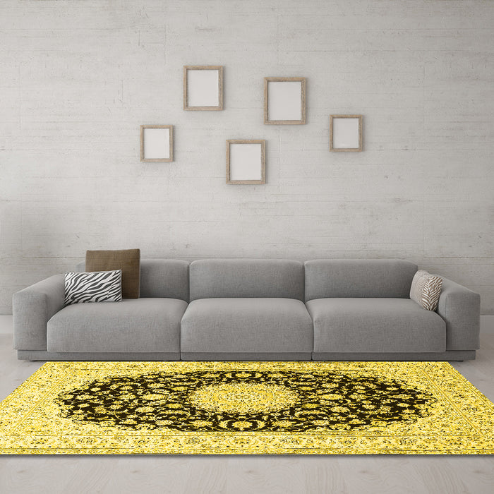 Machine Washable Medallion Yellow Traditional Rug in a Living Room, wshtr4599yw