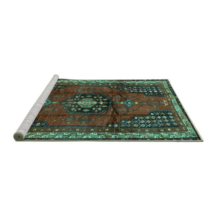 Sideview of Machine Washable Persian Turquoise Traditional Area Rugs, wshtr45turq
