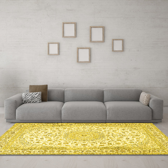 Machine Washable Medallion Yellow Traditional Rug in a Living Room, wshtr4600yw