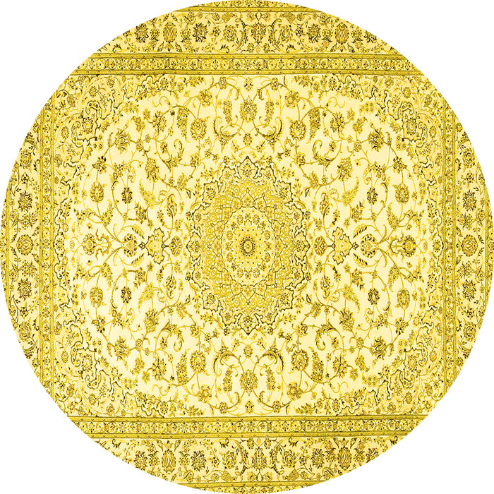 Round Machine Washable Medallion Yellow Traditional Rug, wshtr4600yw
