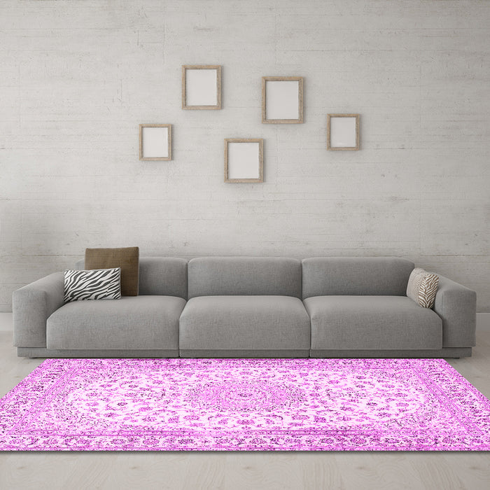 Machine Washable Medallion Pink Traditional Rug in a Living Room, wshtr4600pnk