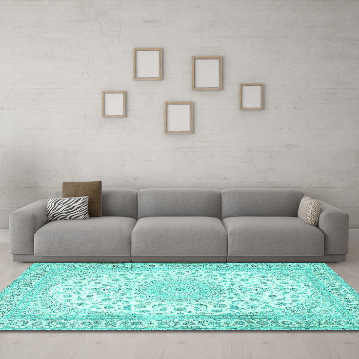 Machine Washable Medallion Turquoise Traditional Area Rugs in a Living Room,, wshtr4600turq