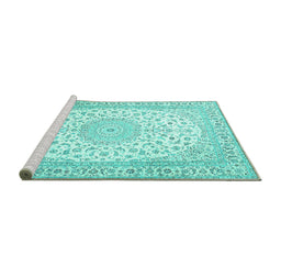 Sideview of Machine Washable Medallion Turquoise Traditional Area Rugs, wshtr4600turq