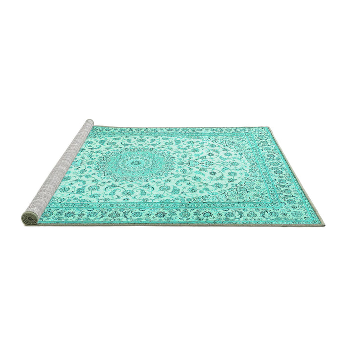 Sideview of Machine Washable Medallion Turquoise Traditional Area Rugs, wshtr4600turq
