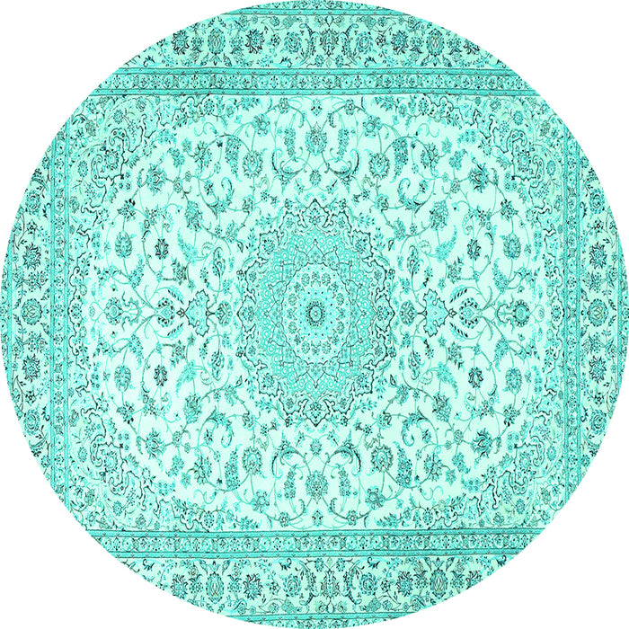 Round Machine Washable Medallion Turquoise Traditional Area Rugs, wshtr4600turq