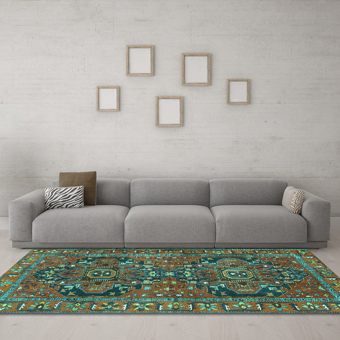 Machine Washable Persian Turquoise Traditional Area Rugs in a Living Room,, wshtr4601turq